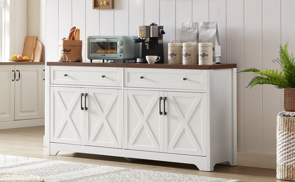 English Elm 61 modern TV cabinet with tempered glass accents, multifunctional storage console for living room White+Walnut W1162P205098