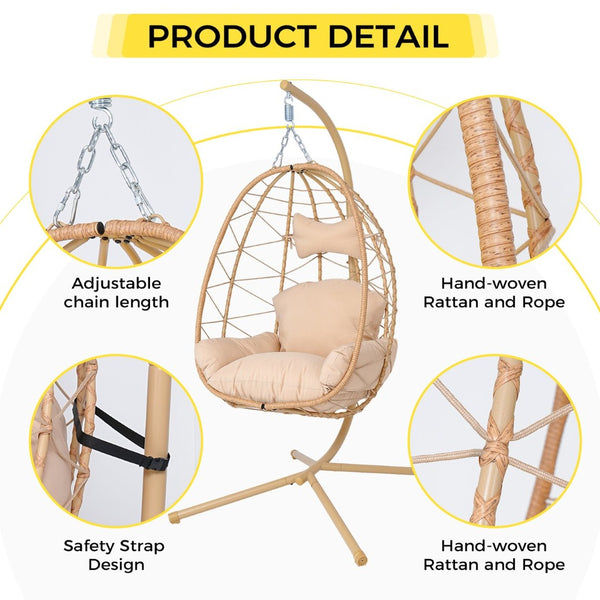 English Elm Hanging Egg Swing Chair Pe Wicker Stand Outdoor Patio Ergonomic Cushioned Seat T5880P497564