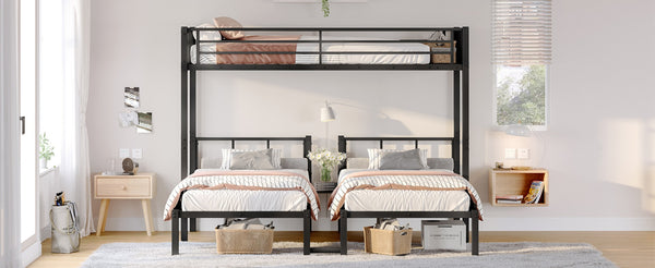 English Elm Twin Metal Triple Bunk Bed With Built-In Shelving, Space-Saving Design For Kids & Guests, Black Finish W1580S00118-GIGA