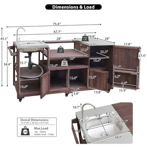 English Elm K&k Solid Fir Outdoor Kitchen Island with Sink Stainless Steel Top and Grill Cutout Brown N707S000022Z