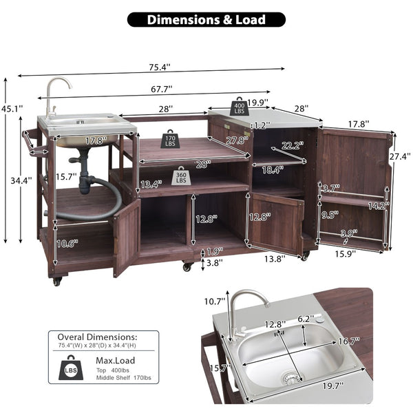 English Elm K&k Solid Fir Outdoor Kitchen Island with Sink Stainless Steel Top and Grill Cutout Brown N707S000022Z