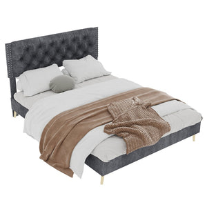 English Elm Velvet Tufted Queen Platform Bed Diamond Headboard for Elegant Master Bedroom W1935P361004