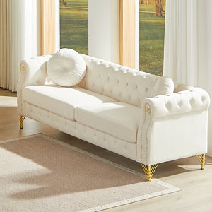English Elm 82-inch Velvet Chesterfield Sofa Tufted Button Back with Copper Studs and Gold Metal Legs Beige W834S00617