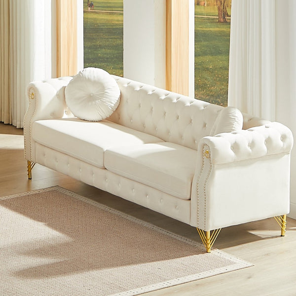 English Elm 82-inch Velvet Chesterfield Sofa Tufted Button Back with Copper Studs and Gold Metal Legs Beige W834S00617