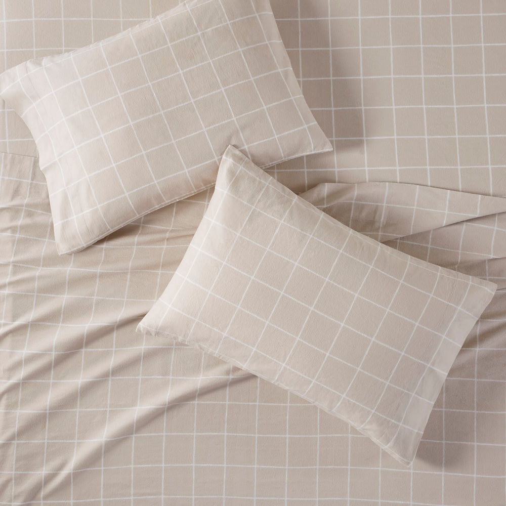 JLA Home Beautyrest - 4 Premium Cotton Flannel Sheet Set Oversized Fit, Brushed Softness, OEKO-TEX Certified Warmth and Comfort Beige Windowpane BR20-1858