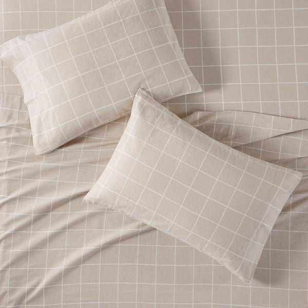 JLA Home Beautyrest - 4 Premium Cotton Flannel Sheet Set Oversized Fit, Brushed Softness, OEKO-TEX Certified Warmth and Comfort Beige Windowpane BR20-1858