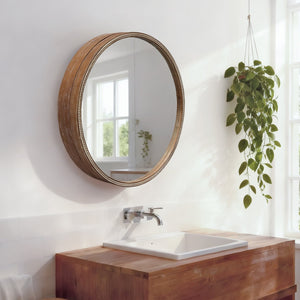 English Elm Round Rattan Textured Wall Mirror Natural Woven Frame Bohemian Accent for Any Room W2295P414103