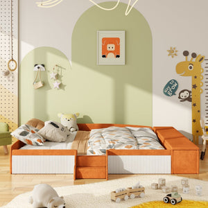 English Elm King Velvet Kids Platform Bed with Padded Guardrails Staircase and Storage Ottoman Brown+White SF000204AAD