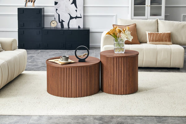 English Elm 2-piece Round Nesting Tables with Fluted Column Base Hidden Storage Oak Grain Finish Walnut W3875P396845