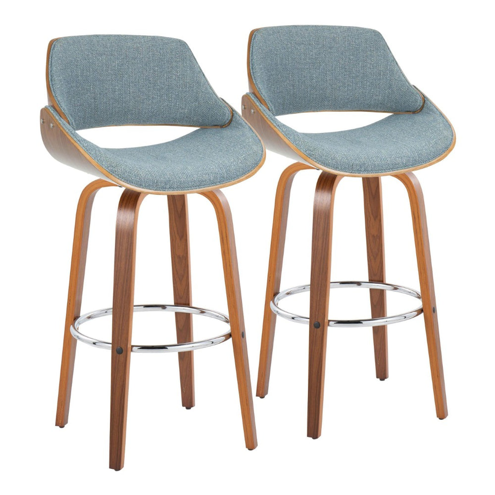 English Elm 30" Mid-century Swivel Barstools Walnut Bentwood Frame Blue Upholstered Seat Set of 2 B202S00563