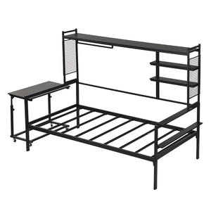 English Elm Twin Metal Daybed With Movable Desk, Shelves, Clothes Hanger & Industrial Design For Small Spaces N737P199195B-GIGA