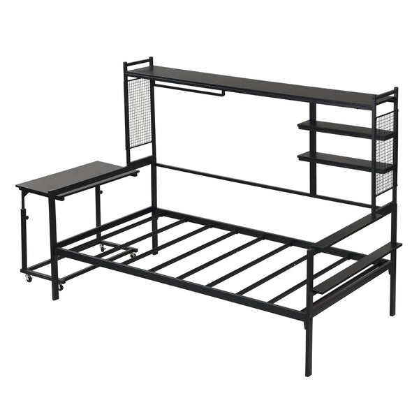 English Elm Twin Metal Daybed With Movable Desk, Shelves, Clothes Hanger & Industrial Design For Small Spaces N737P199195B-GIGA