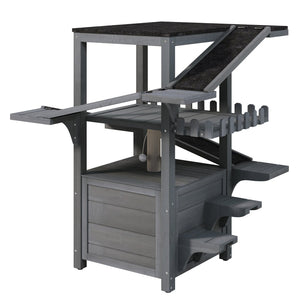 English Elm 4 Tier Outdoor Pine Cat Tower with Waterproof Roof Enclosed Den and Balcony Perch Grey N704P436318E