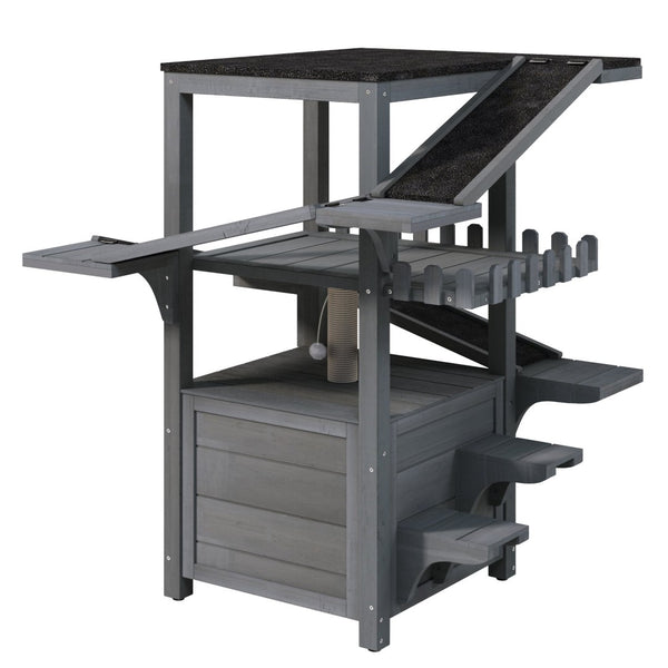 English Elm 4 Tier Outdoor Pine Cat Tower with Waterproof Roof Enclosed Den and Balcony Perch Grey N704P436318E
