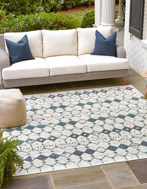Unique Loom Outdoor Trellis Cardak Machine Made Geometric Rug Ivory and Blue, Navy Blue/Gray/Green 7' 10" x 7' 10"