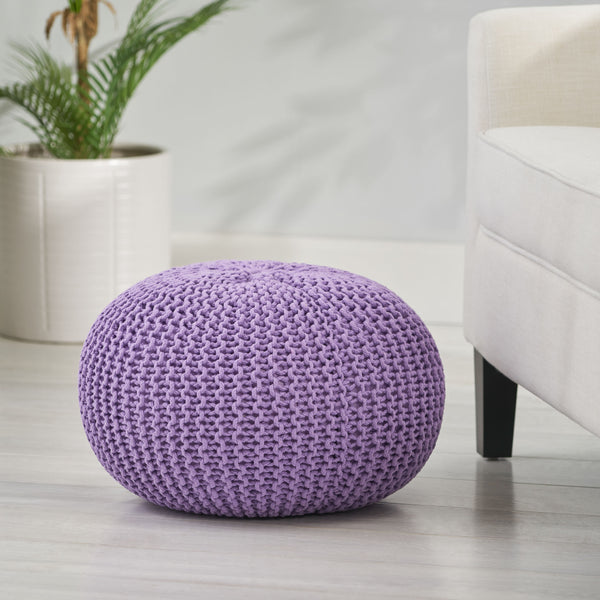 English Elm Christopher Knight Home® - KNITED Pouf Ottoman in Lavender Purple Cotton — Cozy Knit Accent Seat, Soft Durable 20.75x13.5" 62653.00LAV