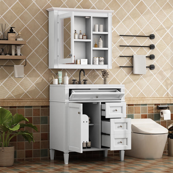 English Elm 30'' Bathroom Vanity Set With Sink, Modern Storage Cabinet, Mirror & 3 Drawers For Efficient Organization SW000127AAK-3