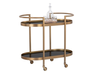 Sunpan Koen Bar Cart - Elegant Black Mirrored Shelves with Antique Brass Frame, Handcrafted Luxury Design