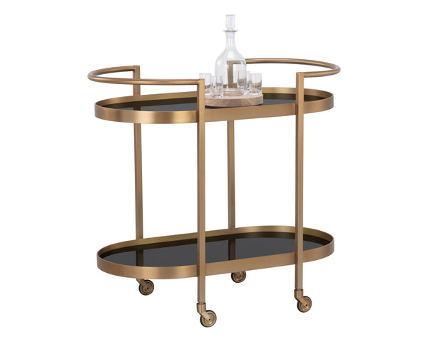 Sunpan Koen Bar Cart - Elegant Black Mirrored Shelves with Antique Brass Frame, Handcrafted Luxury Design