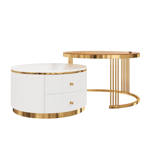 English Elm Modern Round Nesting Coffee Table Set with Gold Pedestal Legs and Storage Drawers Brown,White N735P349323D