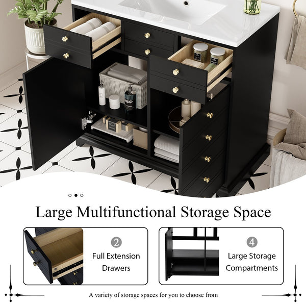 English Elm 30'' Solid Wood Frame Bathroom Vanity with Ceramic Sink, Retro Black Freestanding 2-Drawer Cabinet N710P276724B