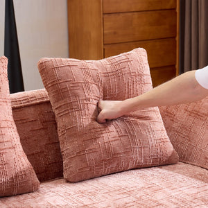 English Elm Pink chenille L-shaped sofa with high-elastic sponge, curved armrests, 4 throw pillows, 900lb capacity W3612S00018