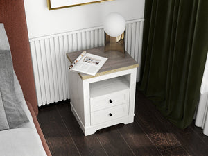 English Elm Farmhouse Rustic Nightstand with 2 Drawers and Open Shelf, Sturdy Wood-End Table for Bedroom Charm White+Oak 22.44 L x 20.79 W x 6.89 H W3151P264505