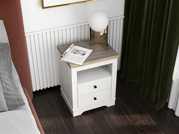 English Elm Farmhouse Rustic Nightstand with 2 Drawers and Open Shelf, Sturdy Wood-End Table for Bedroom Charm White+Oak 22.44 L x 20.79 W x 6.89 H W3151P264505