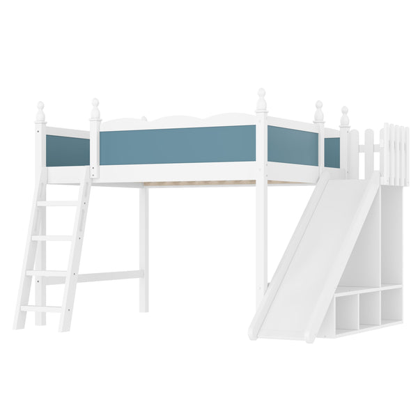 English Elm Full Loft Bed With Slide, Storage Shelves & Cabinet - Solid Wood Design For Fun & Organization! W1580S00246
