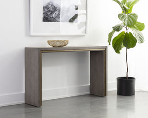 Sunpan Hilbert Console Table - Modern Grey Acacia Wood with Brass Trim, Stylish Linear Design for Any Space