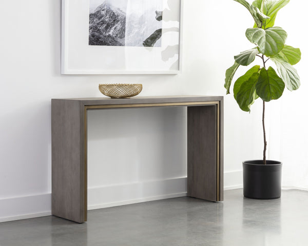 Sunpan Hilbert Console Table - Modern Grey Acacia Wood with Brass Trim, Stylish Linear Design for Any Space