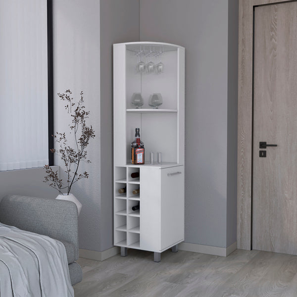 English Elm Corner Bar Cabinet with Ten Built-In Wine Slots, Cup Rack & Spacious Top Shelf for Entertaining White 44.88 L x 22.05 W x 4.72 H B097S00191