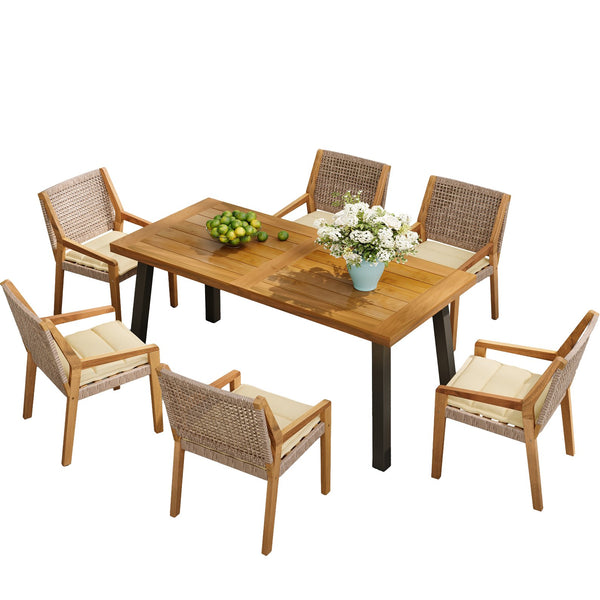English Elm Christopher Knight Home® - Outdoor Dining Set – 7-Piece Premium Acacia Wood Table & Stacking Wicker Chairs With Cushions N770P272397G006_57192.00