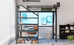English Elm Full Size Metal Loft Bed with Foldable Desk Staircase Storage and Led Lighting W2580S00072