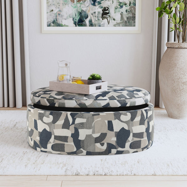 English Elm St. Helena Indigo Blue Oval Upholstered Storage Ottoman with Removable Padded Top and Patterned Fabric Elegance B062P299867