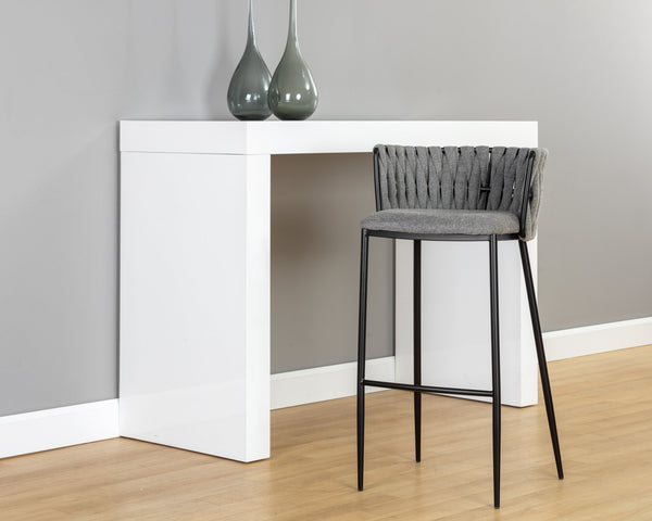 Sunpan Sarai Contemporary Barstool with Unique Weaved Backrest and Black Powder-Coated Steel Frame Belfast Koala Grey