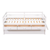 Hearth and Haven Low Loft Bed Twin Size with Full Safety Fence, Climbing Ladder, Storage Drawers and Trundle White Solid Wood Bed WF312991AAK