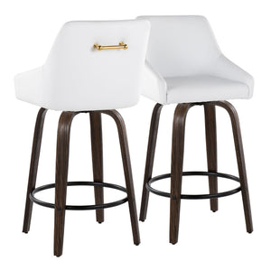 English Elm 26" Swivel Counter Stools Walnut Bentwood Gold Accents White Faux Leather Set of 2 B202S01835