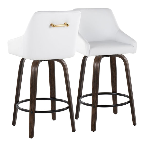 English Elm 26" Swivel Counter Stools Walnut Bentwood Gold Accents White Faux Leather Set of 2 B202S01835