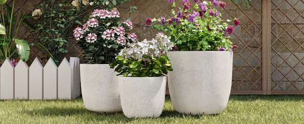 English Elm U_style Mgo Concrete Look Round Planters Set of 3 Lightweight Stackable Outdoor Pots White N711P406670A