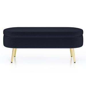 English Elm Ottoman Oval Flannel Storage Bench with Matte Metal Legs for Bedroom or Living Room Black W487P438627