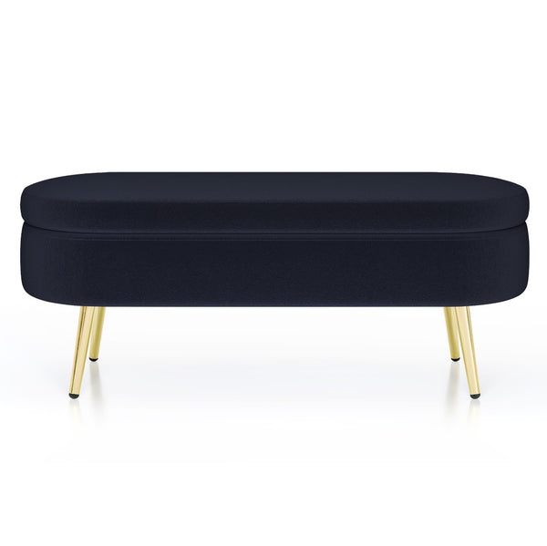 English Elm Ottoman Oval Flannel Storage Bench with Matte Metal Legs for Bedroom or Living Room Black W487P438627