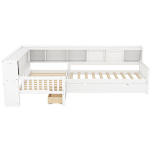 English Elm L-shaped Twin Platform Bed with Trundle, Solid Wood Corner Sleeper with Drawers, Shelves, No Box Spring Needed White W1580S00259