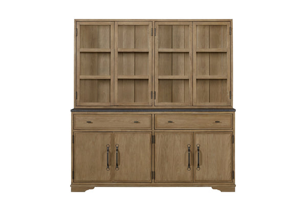English Elm 2 Piece Cabinet Hutch and Buffet Cashew — Solid Wood + MDF, Concrete Top, Framed Glass Display, Ample Storage Light Tan 75.25 L x 22.75 W x 42 H B2699S00094
