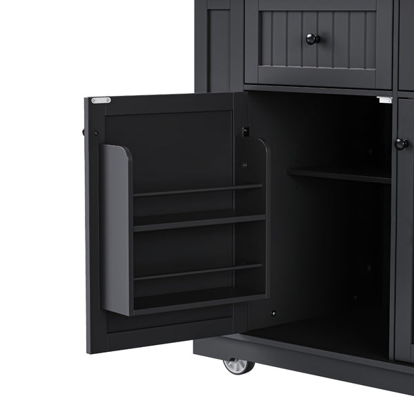 English Elm 48 Inch Rolling Kitchen Island Drop Leaf Prep Cart with Power Outlets and Open Shelving Black N707S257057B