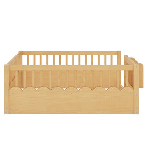 English Elm Queen Low Profile Kids Floor Bed with Guardrails Bookshelf and Pine Wood Frame Natural W1580P373143
