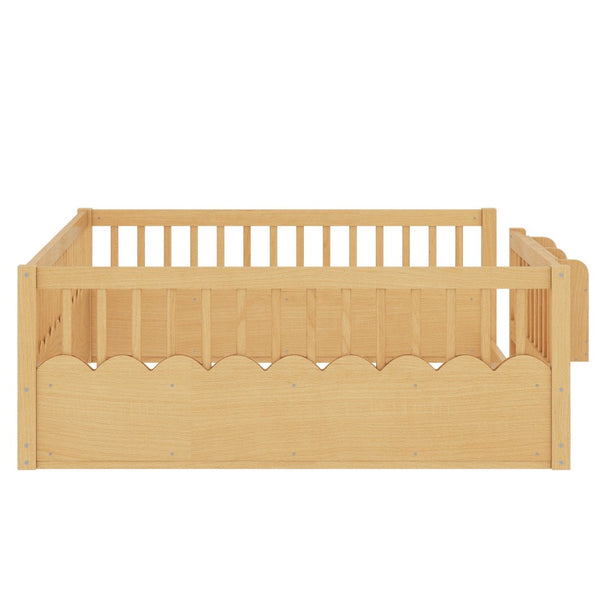 English Elm Queen Low Profile Kids Floor Bed with Guardrails Bookshelf and Pine Wood Frame Natural W1580P373143