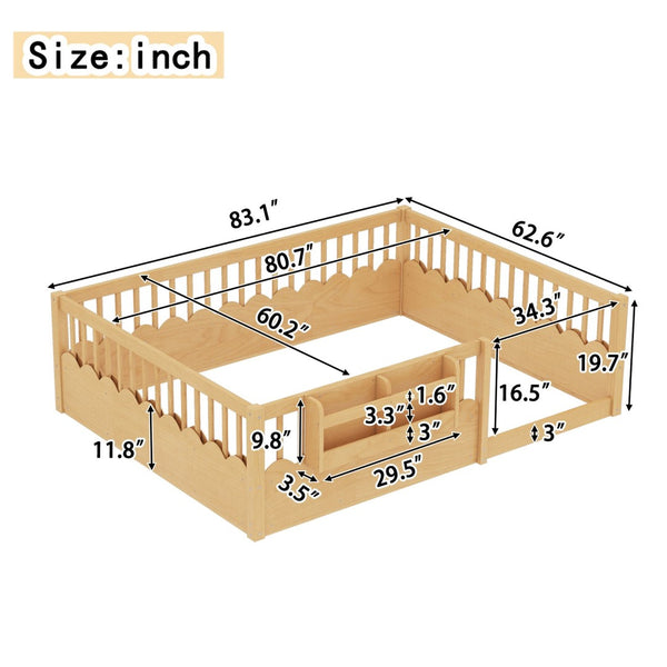 English Elm Queen Low Profile Kids Floor Bed with Guardrails Bookshelf and Pine Wood Frame Natural W1580P373143