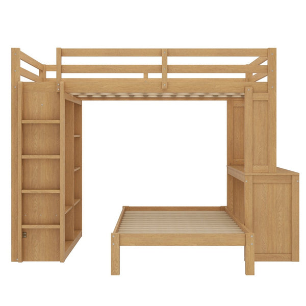 English Elm Queen Over Twin Bunk Bed With Built-In Desk, Storage, And Dismountable Lower Bed - Natural Wood W1580S00216-GIGA