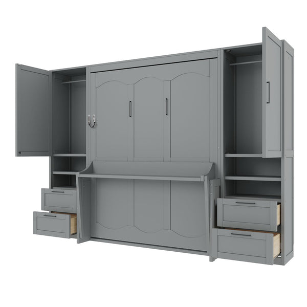 English Elm Queen Murphy Fold Down Wall Bed with Wardrobe Drawers and Shelves for Guest Rooms Gray LP000909AAE-2